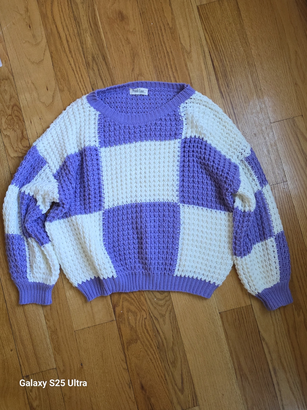 Peach Love California Lavender and Cream Checker Knit Sweater